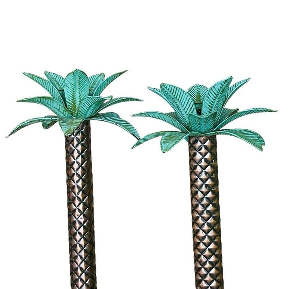 Vintage Pair Palm Tree Candles Holders Metal Patinated Palm Tree Candle - Picture 2 of 9